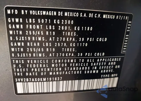 2019 Volkswagen Tiguan 2.0T Se/2.0T Sel/2.0T Sel R-Line/2.0T Sel R-Line Black z USA, uszkodzony, nr VIN 3VV2B7AX0KM191637